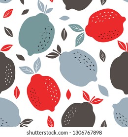 Seamless pattern with citrus fruits collection. Pattern background with lemons.  Hand drawn colorful vector wallpaper.