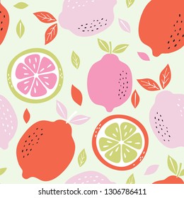 Seamless pattern with citrus fruits collection. Pattern background with lemons. Hand drawn colorful vector wallpaper.