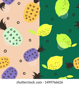 Seamless pattern with citrus fruits collection. Fresh lemons and pineapples background. Colorful wallpaper vector.  Decorative illustration, use for printing stationery, package juice