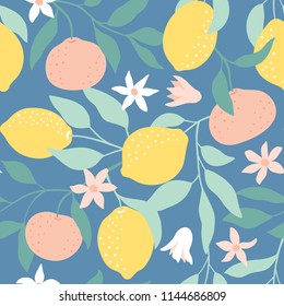 Seamless pattern with citrus fruits, flowers and leaves. Hand drawn overlapping backdrop. Colorful wallpaper. Vector illustration, good for printing.