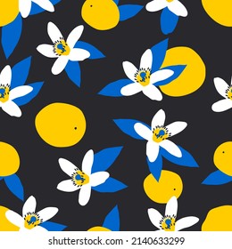 Seamless pattern of citrus fruits and flowers on a black background. Modern tropical orange design for printing on fabrics, textiles, decorative paper. Vector. 