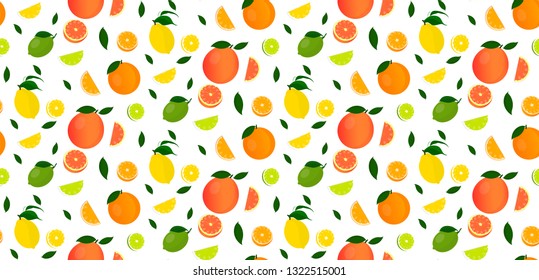 Seamless pattern of citrus fruits and fruit slices. Pattern of citrus fruits.