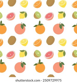 Padrão contínuo com citrinos. Toranja, laranja, kiwi, limão. Frutos doces inteiros e meio fatiados. Plano de fundo do vetor, estilo plano.