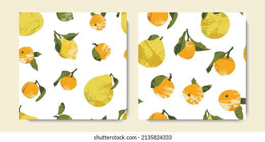 Seamless pattern with citrus fruits: juicy lemon, lime, mandarin, orange, clementine, pomelo. Fresh ripe fruit, healthy organic food. Vector flat cartoon botanical background - Shutterstock ID 2135824333