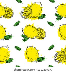 Seamless pattern citrus fruits, lemon, hand drawn elements, vector illustration