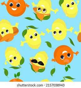 Seamless pattern citrus fruits lemon and orange in different poses, glasses, baseball cap. Fruits with faces, they are joyful and happy and smiling. Pattern for baby packaging, textiles, design.