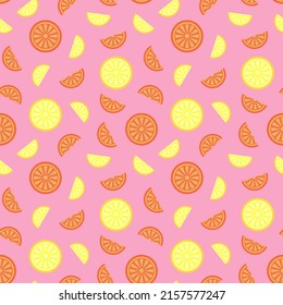 Seamless pattern with citrus fruits: lemon and orange. Abstract repeated background for paper, cover, fabric, gift-wrap, wall art, interior decor.  