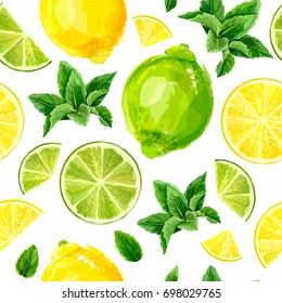Seamless pattern with citrus fruits. Lime, lemon and mint on white background. Watercolor collection. Vector