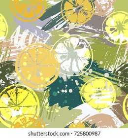 Seamless pattern with citrus fruits on abstract watercolor stains, paint brushes freehand strokes