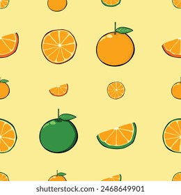 Seamless pattern with citrus fruits and orange fruit pieces. Vector repeating texture. Perfect for printing on fabric or paper.