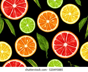 Seamless pattern with citrus fruits slices. Mix of lemon lime grapefruit and orange.