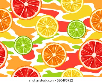 Seamless pattern with citrus fruits slices. Mix of lemon lime grapefruit and orange.