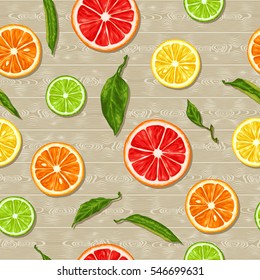 Seamless pattern with citrus fruits slices. Mix of lemon lime grapefruit and orange.