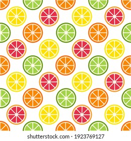 Nahtlose Muster mit Zitrusfrüchten. Sommergeometrisches Muster mit Obstscheiben. Flache Elemente sind isoliert. Transparenter Hintergrund. Für die Gestaltung von Küchenzubehör, Kleidung und Lebensmittelverpackungen