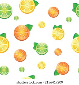 Seamless pattern with citrus fruits. Summer pattern with citrus slices. Flat elements are isolated. Transparent background. For the design and packaging.