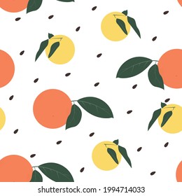 Seamless pattern with citrus fruits Vector illustration Oranges and lemons with leaves on white background with black seeds Flat design