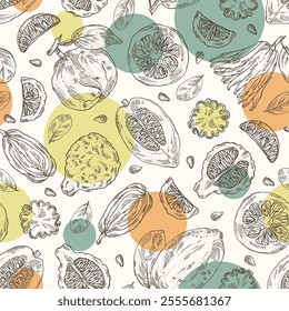 Seamless pattern with citrus fruitst: citron, kaffir lime, bitter orange, bigaradia, fingered citron. Vector hand drawn illustration