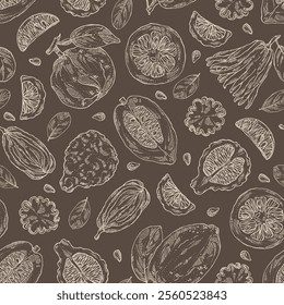 Seamless pattern with citrus fruitst: citron, kaffir lime, bitter orange, bigaradia, fingered citron. Vector hand drawn illustration