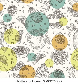 Seamless pattern with citrus fruitst: finger lime, grapefruit, yuzu and fingered citron. Vector hand drawn illustration.