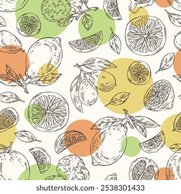 Patrón sin fisuras con cítricos: lima kaffir, limón, pomelo y kumquat. Vector dibujado a mano ilustración.