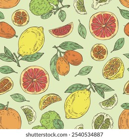 Nahtloses Muster mit Zitrusfrüchten:  Kalk, Zitrone, Grapefruit und Kumquat. Handgezeichnete Vektorgrafik.