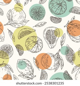 Patrón sin fisuras con cítricos: naranja, pomelo, mandarina, lima. Vector dibujado a mano ilustración