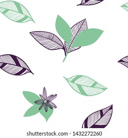 Seamless pattern of citrus leaves and flowers. Botanic vector hand drawn illustration texture in modern flat style for web, print posters, textile, children clothes, linens dress, wallpapers