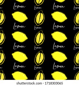 Seamless pattern with citrus lemon fruit. Vintage background for decorate prints, tiling surfaces. Vector elements on black background.