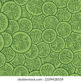 Seamless pattern of citrus lemon lime orange or tangerine slices on green background. 