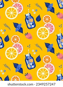 Seamless pattern with citrus lemonade in glass jar, slices of lemon and orange . Citrus, strawberry, mint, ice cubes  on yellow background. Vector illustration.