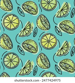 Seamless pattern of citrus on blue background. Lemon Fruit, leaf, slice repeat ornament. Vector hand drawn linear illustration