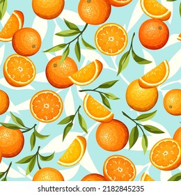 Seamless pattern with citrus orange fruit and green leaves on a blue background. Vector illustration