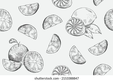 Patrón sin foco con cítricos - naranja, limón. Fondo vectorial vintage con dibujo a mano. Textura de comida para tienda de comestibles. Estilo de arte de línea.