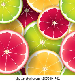 Nahtlose Muster von Zitrusstücken. Zitrone, Orange, Grapefruit, Kalk.