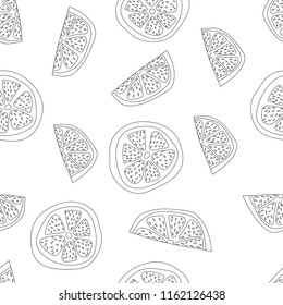 Seamless pattern of citrus slices hand drawn in doodle style. Vector illustration black and white isolated on white background