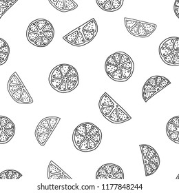 Seamless pattern of citrus slices hand drawn in doodle style. Vector illustration black and white isolated on white background 