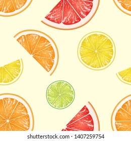 Seamless pattern of citrus slices. Lime, lemon, orange and grapefruit pieces on light yellow background. Vector illustration