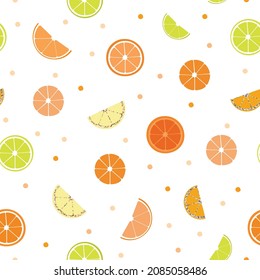 Seamless pattern with citrus slices. Lime, orange fruit, red orange, clementine, mandarin, lemon. Sequin elements.