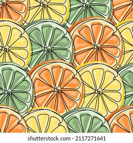 Seamless pattern of citrus slices of orange, lemon and lime. Hand drawn fruit background. Print for fabric, textiles, wrapping paper, web. Vector illustration	
