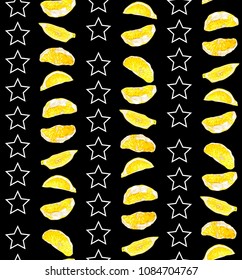 Seamless pattern with citrus slices and stars in vector graphic on the black background
