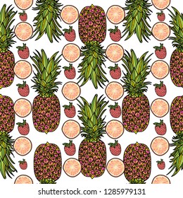 Seamless pattern with citrus slices, strawberries and pineapples. Vector illustration.