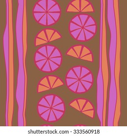 Seamless    pattern  of citrus  and striped motif, spots, circles, slices . Hand drawn.