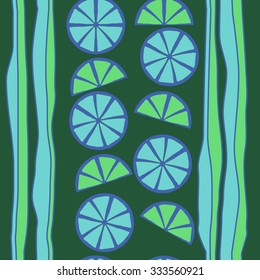 Seamless    pattern  of citrus  and striped motif, spots, circles, slices . Hand drawn.