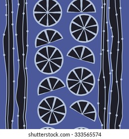Seamless    pattern  of citrus  and striped motif, spots, circles, slices . Hand drawn.