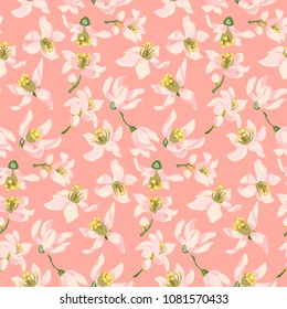 Seamless pattern with citrus tree flowers of different types such as an orange tree, a lemon tree or a lime tree. Vector illustration made in pink pastel colors