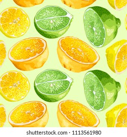 Seamless pattern with citrus tree fruits like orange, lemon and lime with seeds in realistic vector graphic illustration in bright colors