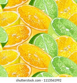 Seamless pattern with citrus tree fruits like orange, lemon and lime with seeds in realistic vector graphic illustration in bright colors