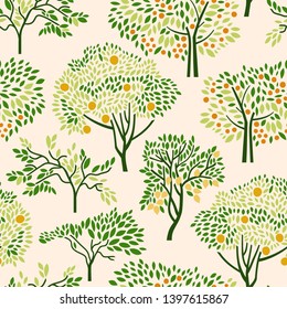 Seamless Pattern With Citrus Trees Mandarin, Orange, Lemon. Surface Design. Vector Illustration.