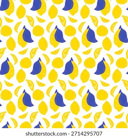 Padrão contínuo citrinos inteiros e limões de fatia com folhas. Ingênuo rabiscar limão fundo infinito. Design de giz de cera de frutas de verão para têxteis. Impressão tropical floral mediterrânea. Vetor mão desenhada bg.