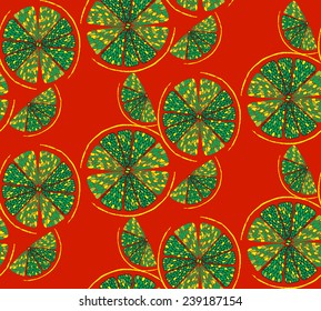 Seamless pattern of citrus-fruit slices on saturated red background. Can be used for wallpaper, pattern fills, web page background and surface textures.